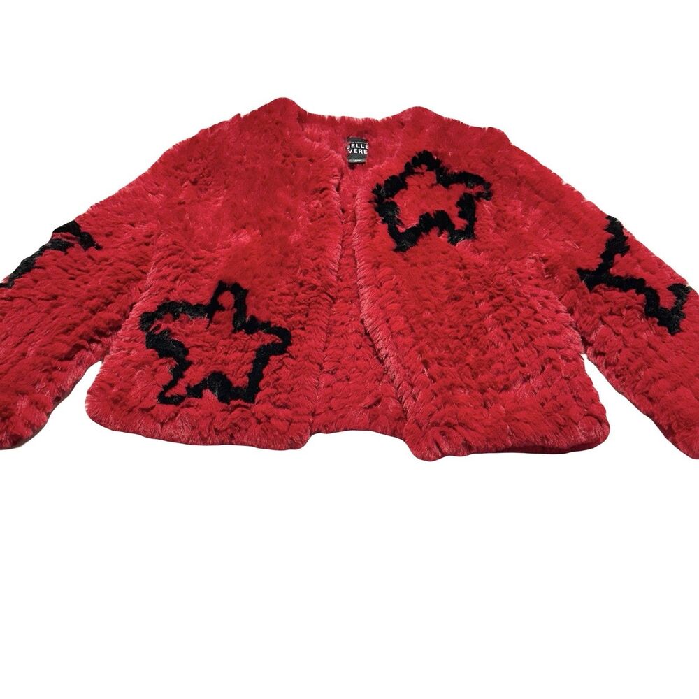 Belle Vere Red And Black Star Faux Fur Jacket Size M Medium Hook & Eye Closure